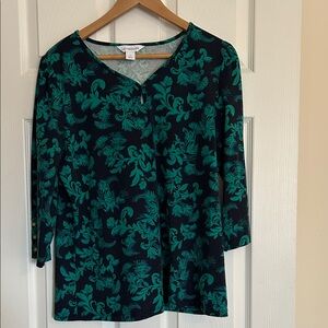 Liz Claiborne Green and Navy Blue Patterned Blouse